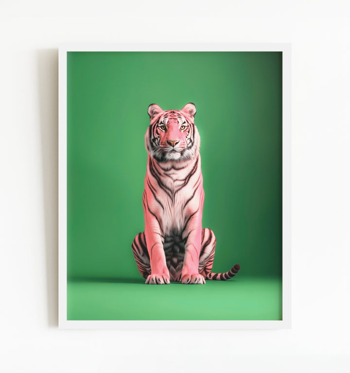 Portrait of a Pink Tiger on Green Wall Art Print
