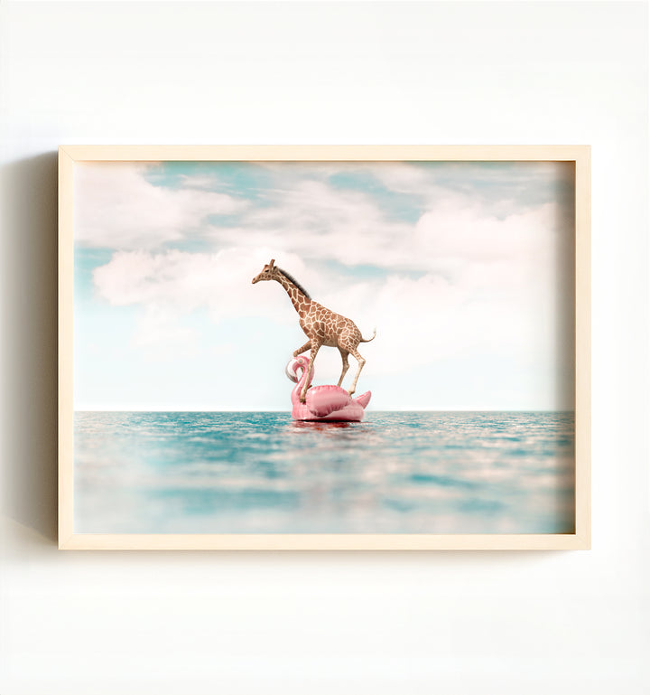 Giraffe Afloat a Flamingo