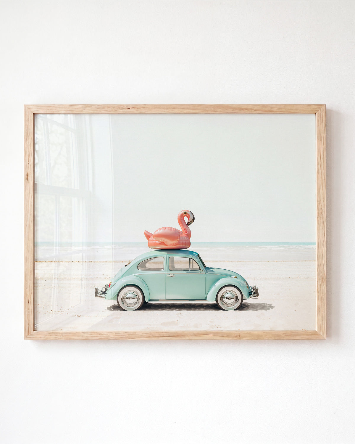 A Beetle and a Flamingo at the Beach Horizontal – Framed