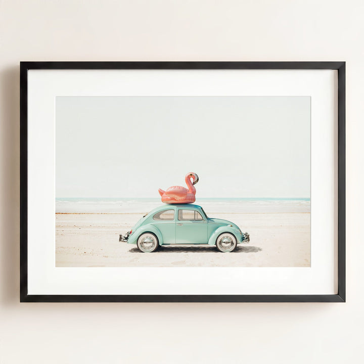 A Beetle and a Flamingo at the Beach Horizontal