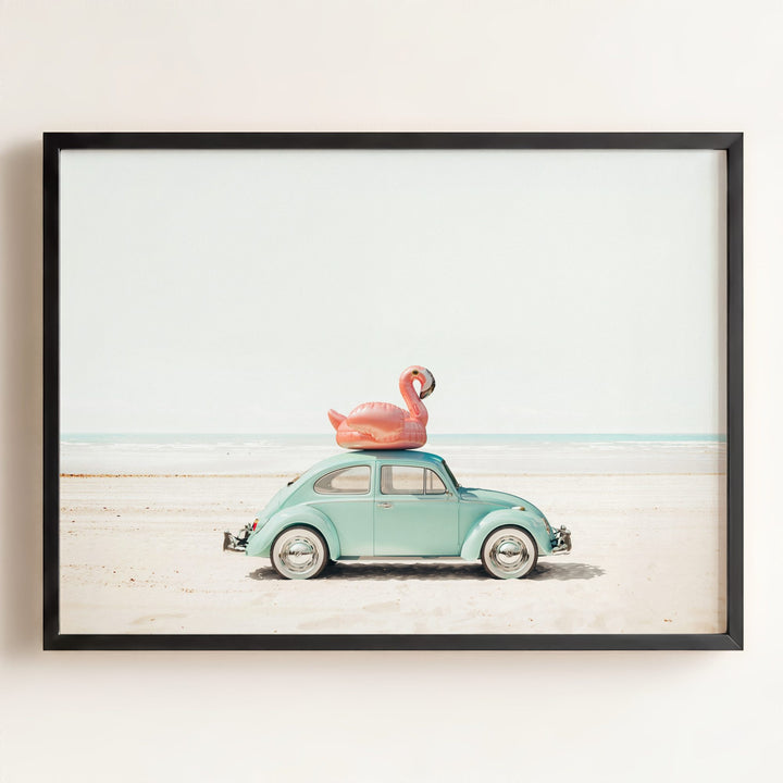 A Beetle and a Flamingo at the Beach Horizontal