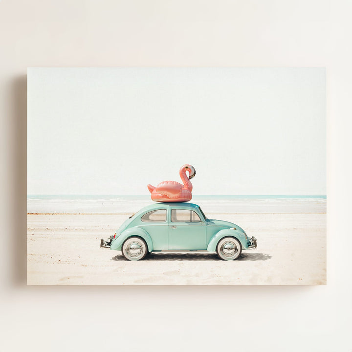 A Beetle and a Flamingo at the Beach Horizontal