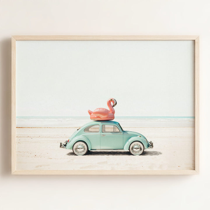 A Beetle and a Flamingo at the Beach Horizontal