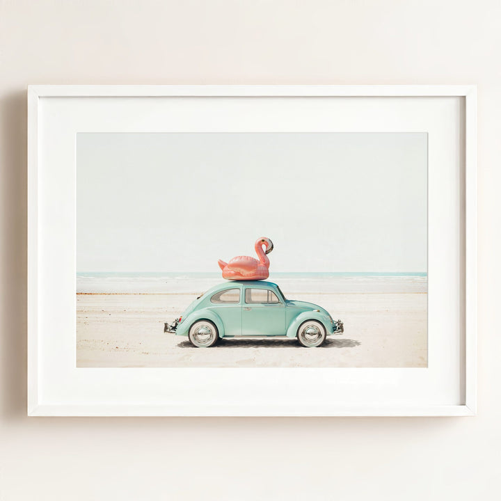 A Beetle and a Flamingo at the Beach Horizontal