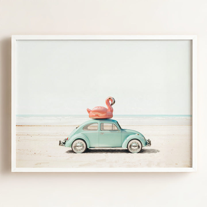 A Beetle and a Flamingo at the Beach Horizontal