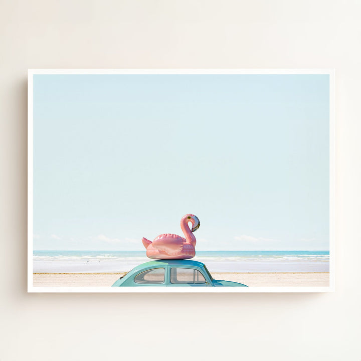 A Beetle and a Flamingo at the Beach