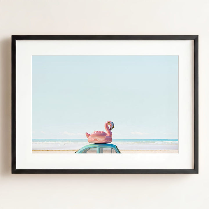 A Beetle and a Flamingo at the Beach