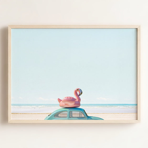 A Beetle and a Flamingo at the Beach