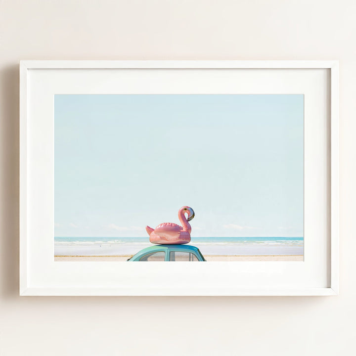 A Beetle and a Flamingo at the Beach