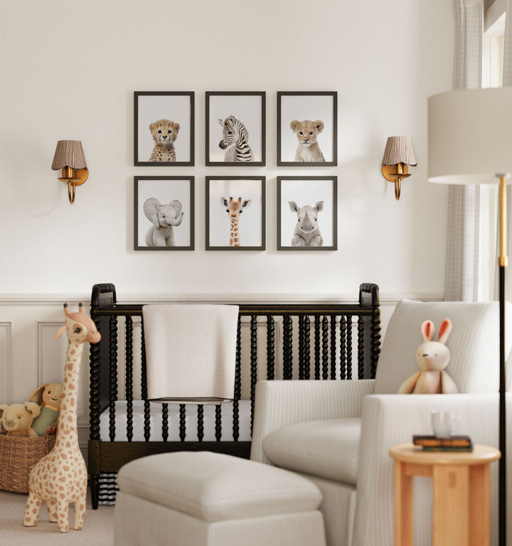Framed Baby Safari Animals Nursery Decor - African Animals Set of 6