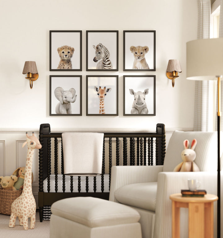 Framed Baby Safari Animals Nursery Decor - African Animals Set of 6