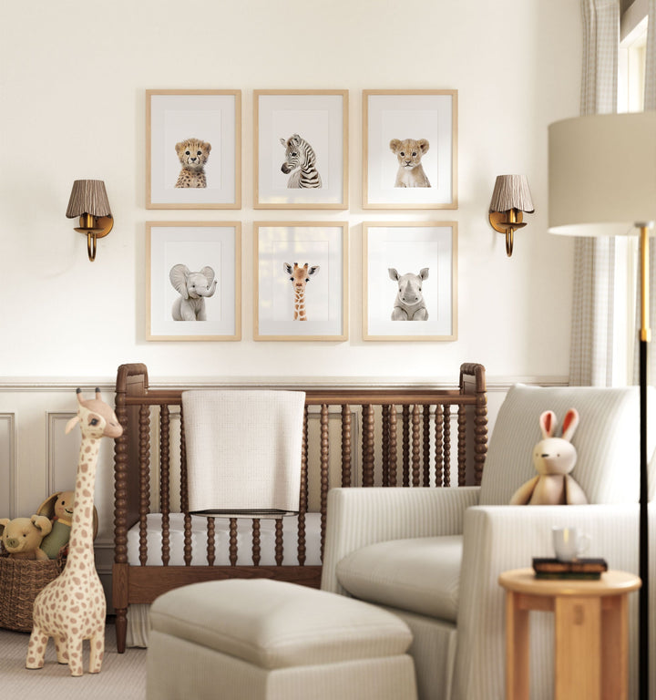 Framed Baby Safari Animals Nursery Decor - African Animals Set of 6