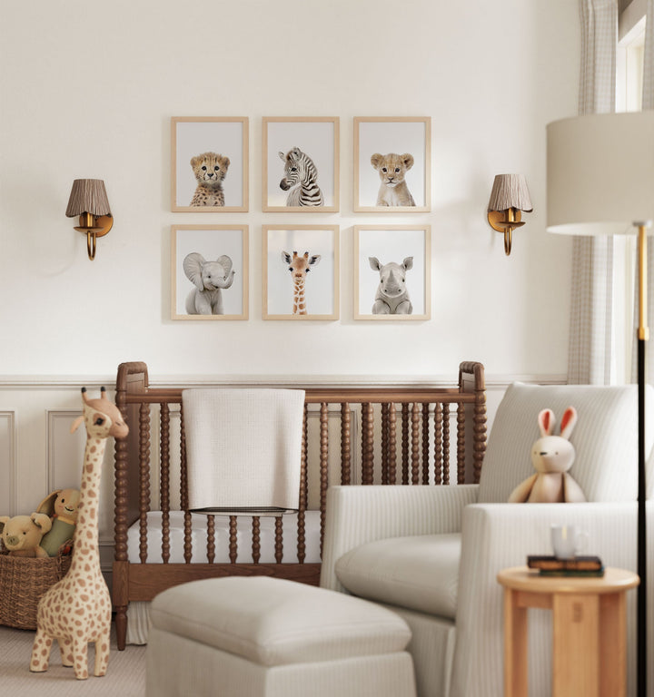Framed Baby Safari Animals Nursery Decor - African Animals Set of 6