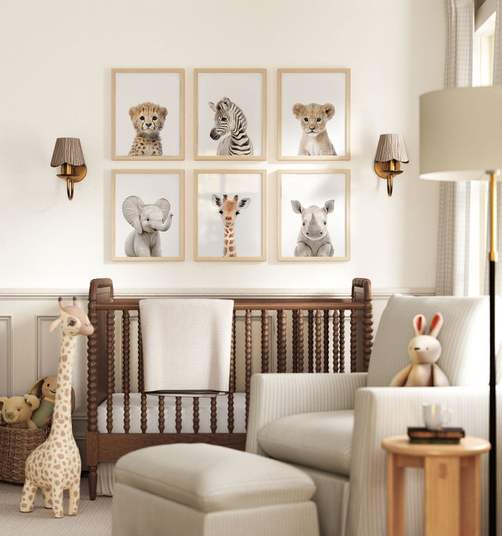 Framed Baby Safari Animals Nursery Decor - African Animals Set of 6