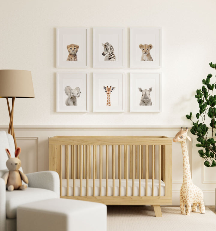 Framed Baby Safari Animals Nursery Decor - African Animals Set of 6