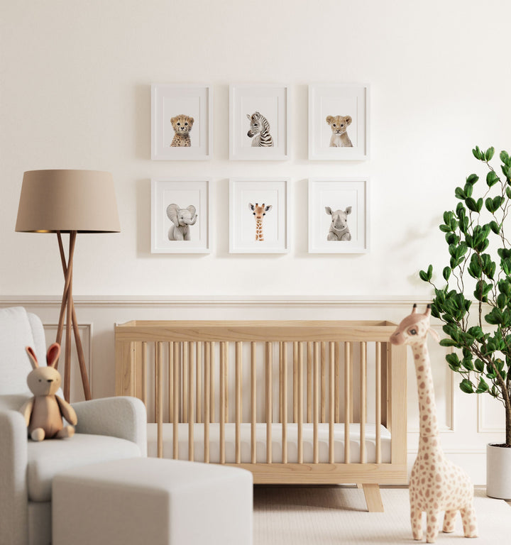 Framed Baby Safari Animals Nursery Decor - African Animals Set of 6