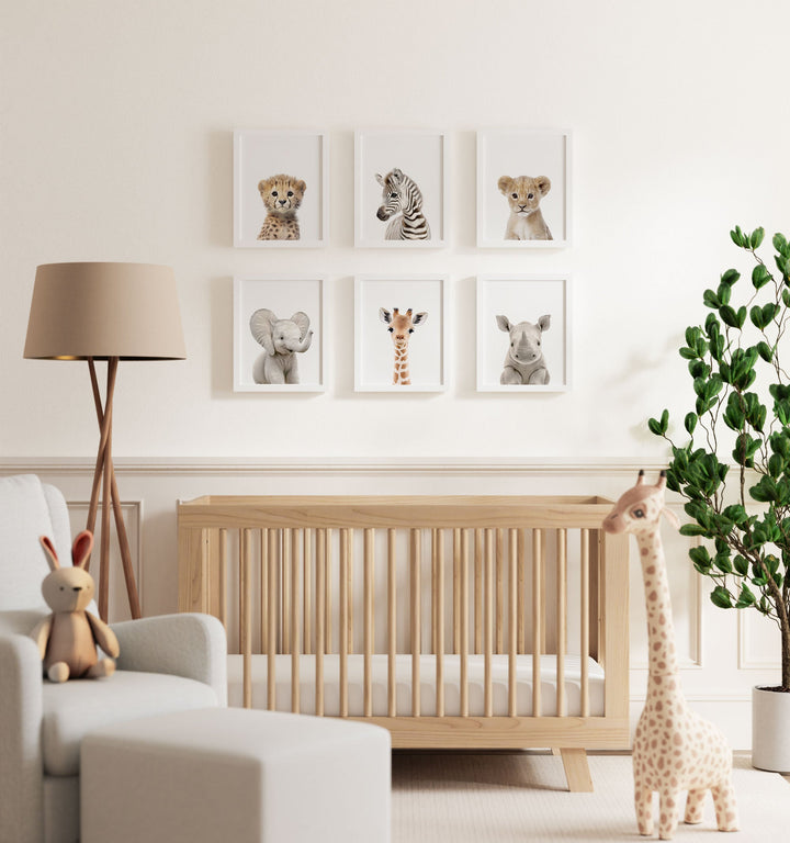 Framed Baby Safari Animals Nursery Decor - African Animals Set of 6