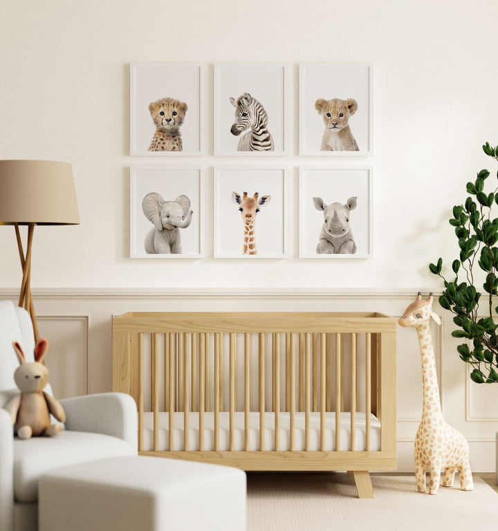 Framed Baby Safari Animals Nursery Decor - African Animals Set of 6