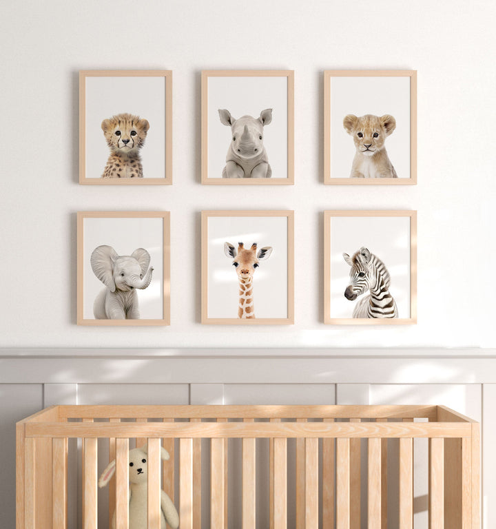 Framed Baby Safari Animals Nursery Decor - African Animals Set of 6