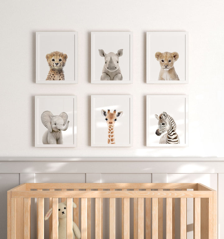 Framed Baby Safari Animals Nursery Decor - African Animals Set of 6