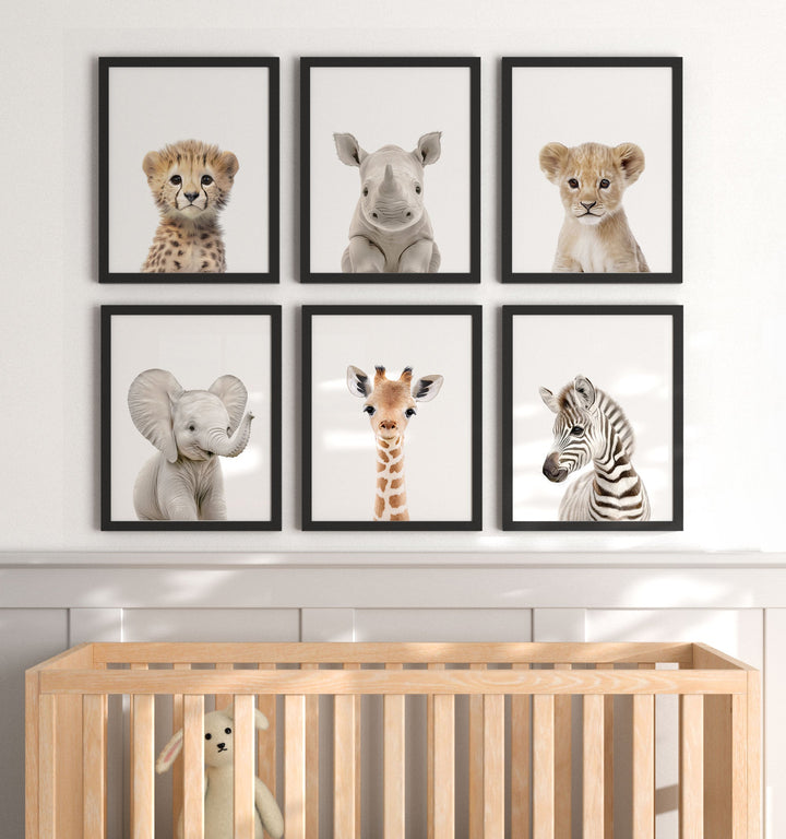 Framed Baby Safari Animals Nursery Decor - African Animals Set of 6