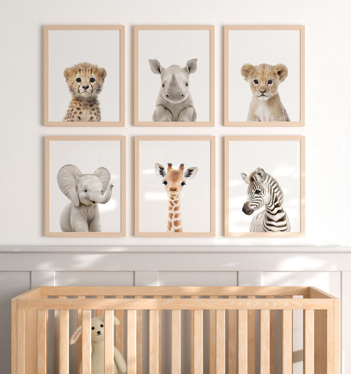 Framed Baby Safari Animals Nursery Decor - African Animals Set of 6