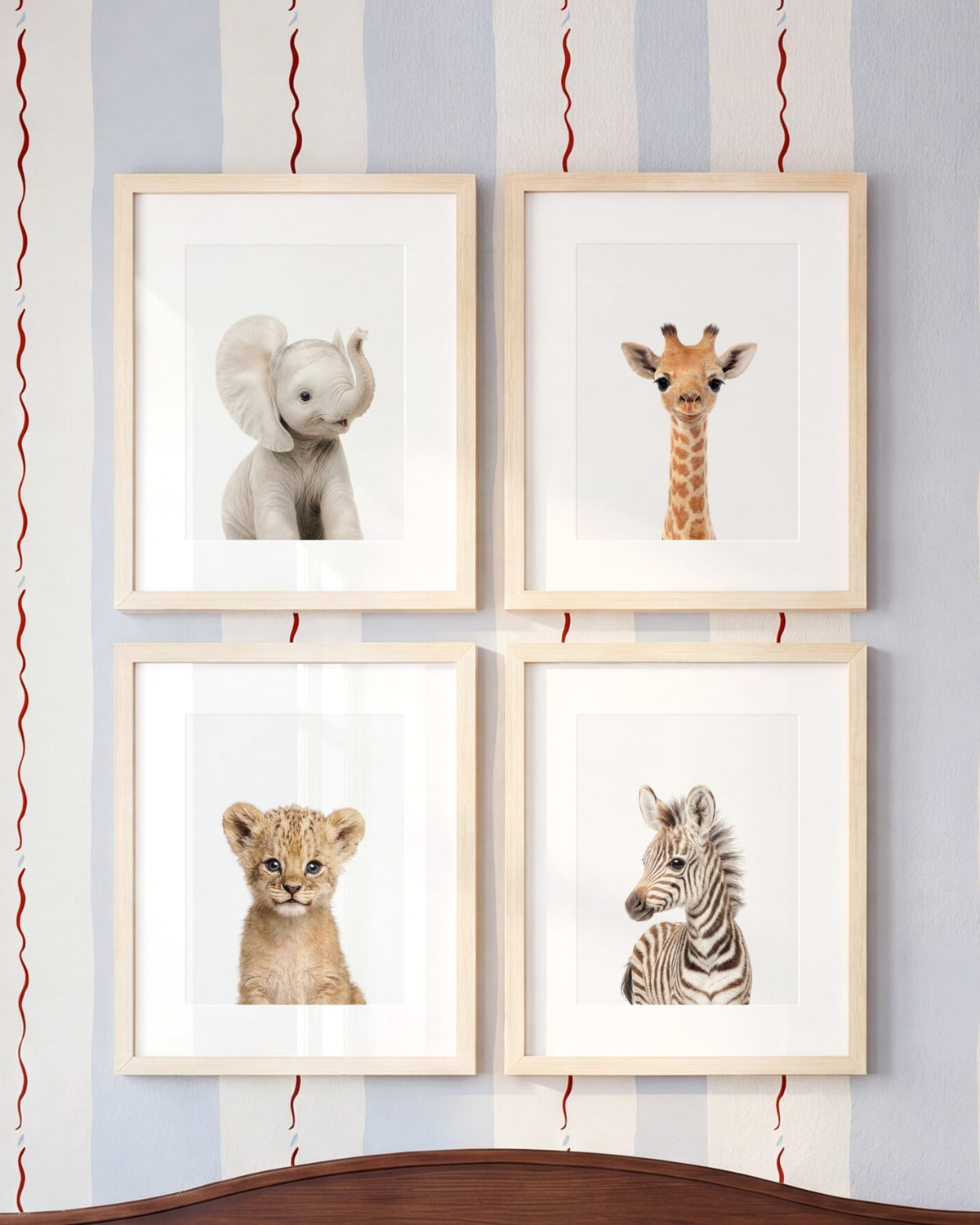 Baby Safari Animals Set of 4 Nursery Art — Framed