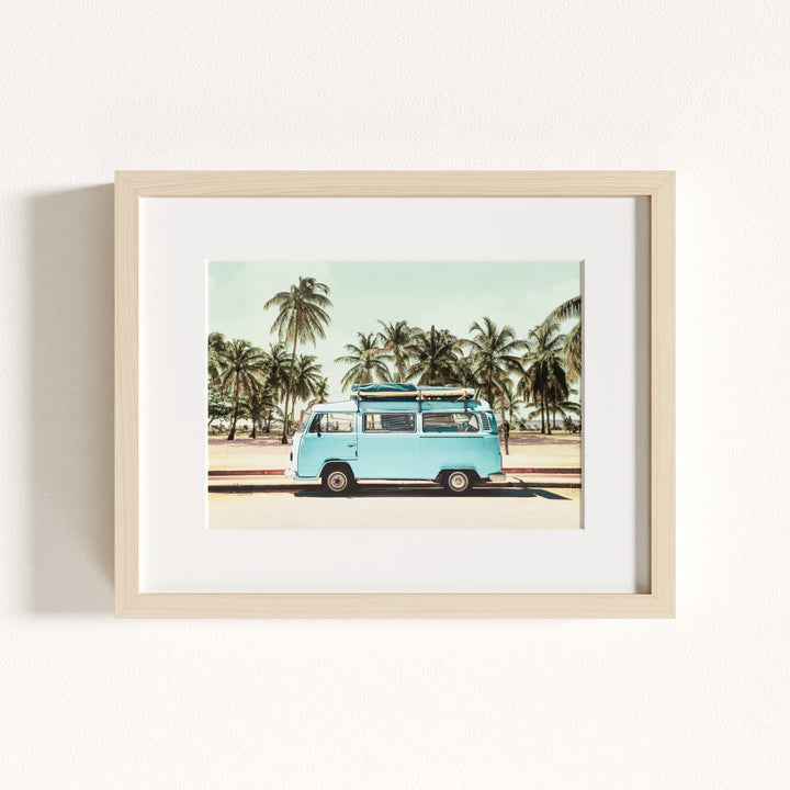 Blue VW Bus with Palm Trees