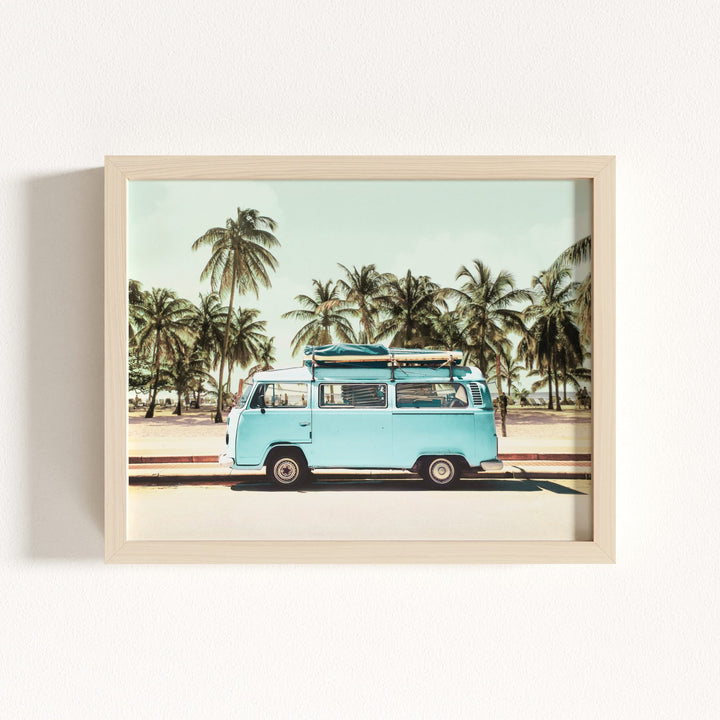 Blue VW Bus with Palm Trees