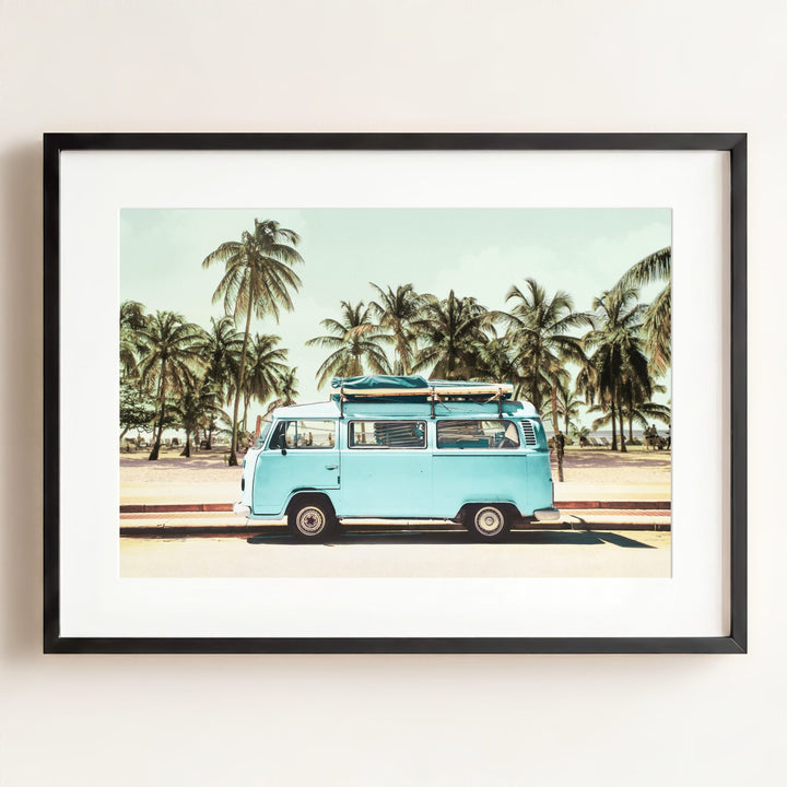 Blue VW Bus with Palm Trees