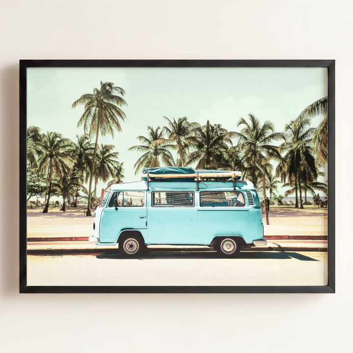 Blue VW Bus with Palm Trees