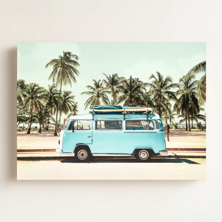Blue VW Bus with Palm Trees