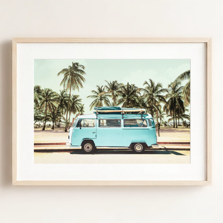 Blue VW Bus with Palm Trees