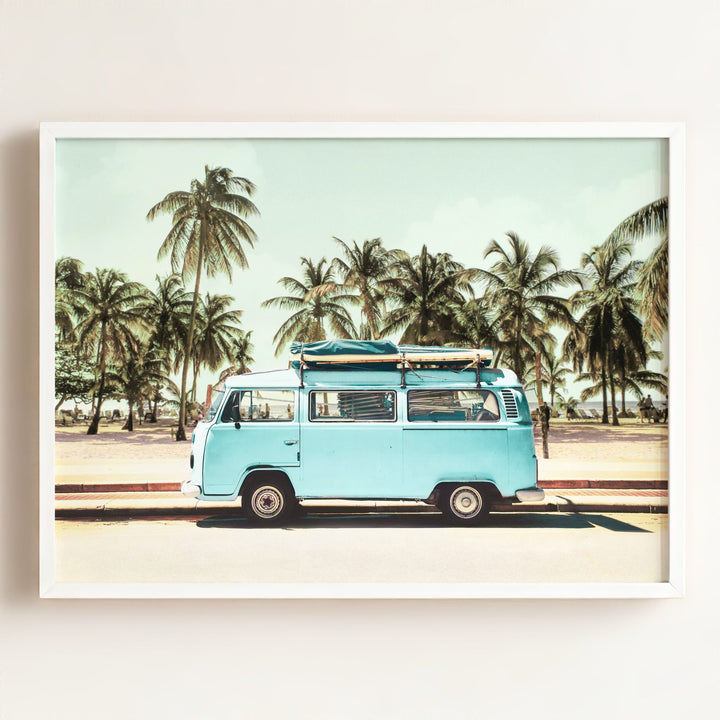 Blue VW Bus with Palm Trees