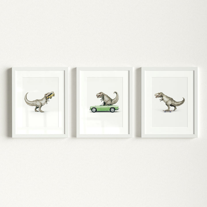 Three framed illustrations of dinosaurs on a white wall | The Crown Prints