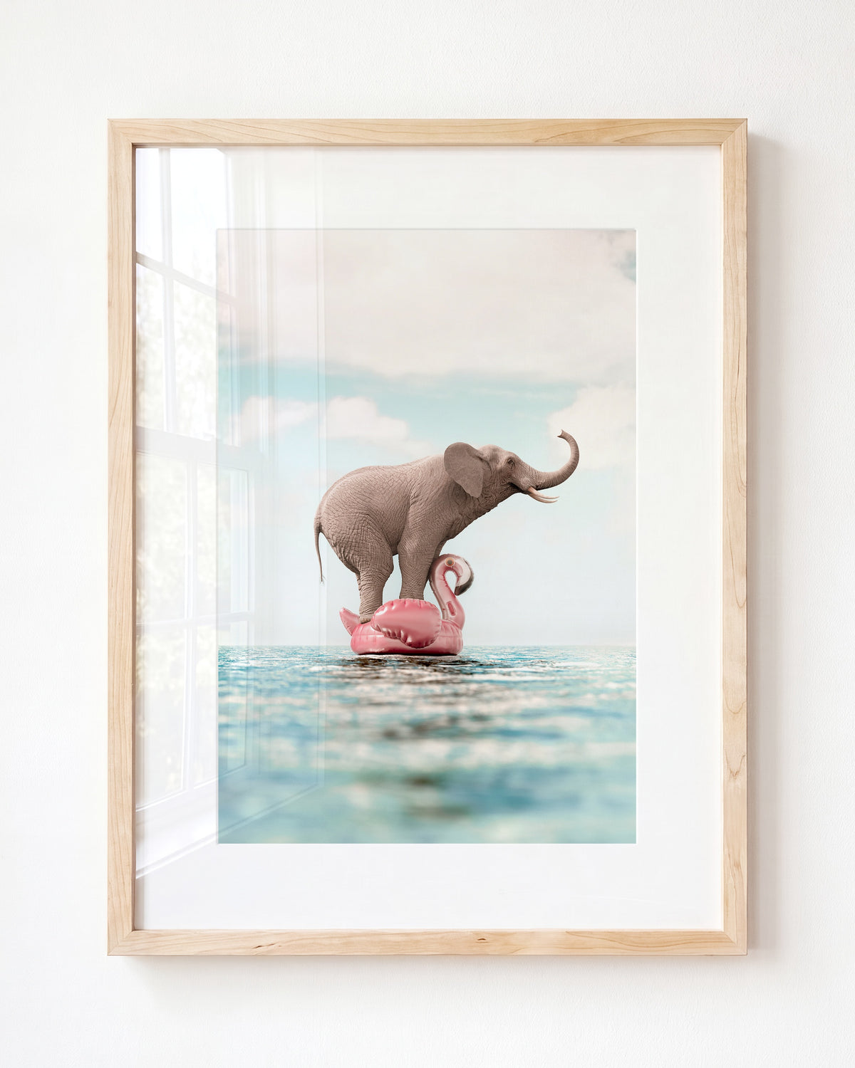 Elephant Afloat a Flamingo - Framed Art