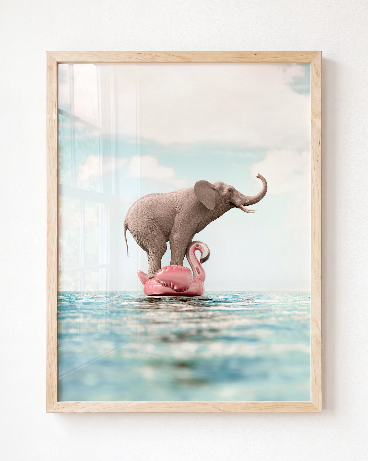 Elephant Afloat a Flamingo - Framed Art