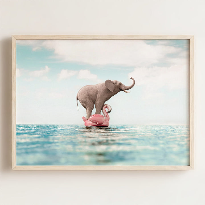 Elephant Afloat a Flamingo