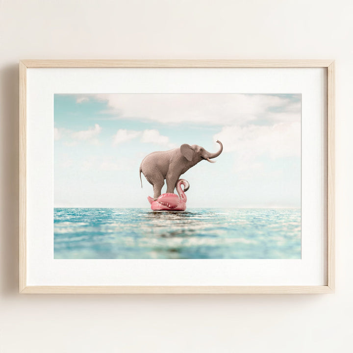 Elephant Afloat a Flamingo
