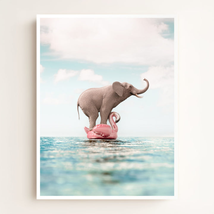 Elephant Afloat a Flamingo