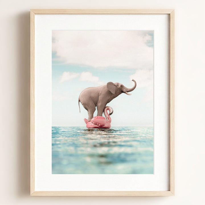 Elephant Afloat a Flamingo