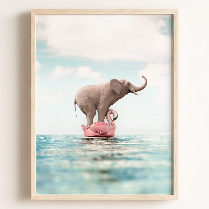 Elephant Afloat a Flamingo