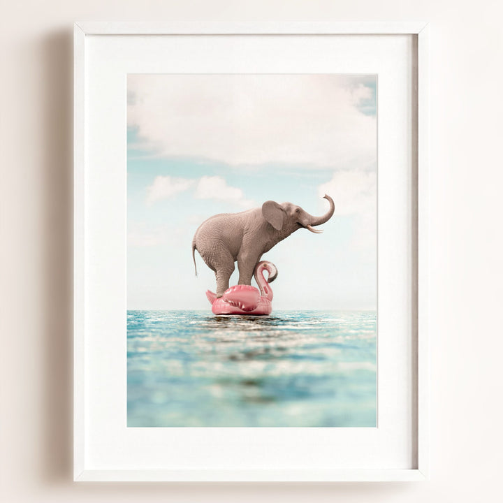 Elephant Afloat a Flamingo