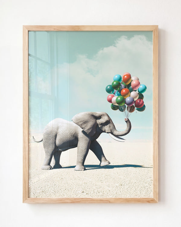 Elephant with Balloons Art Print - Framed Art