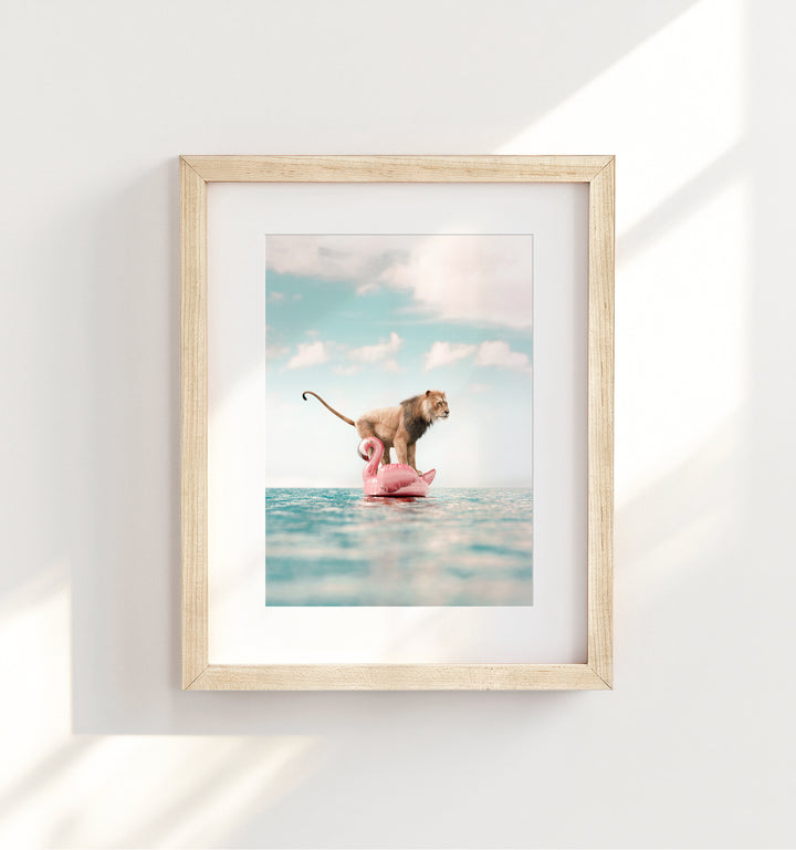 Lion Afloat a Flamingo