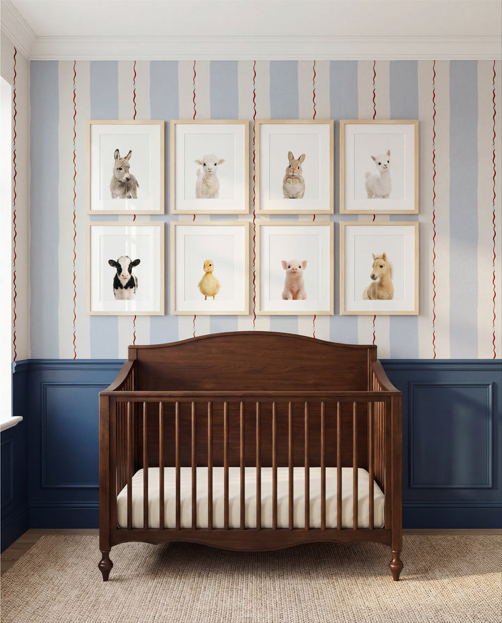Baby room nursery with framed farm animal prints on the wall - donkey, lamb, rabbit, alpaca, cow, duckling, pig and horse | The Crown Prints