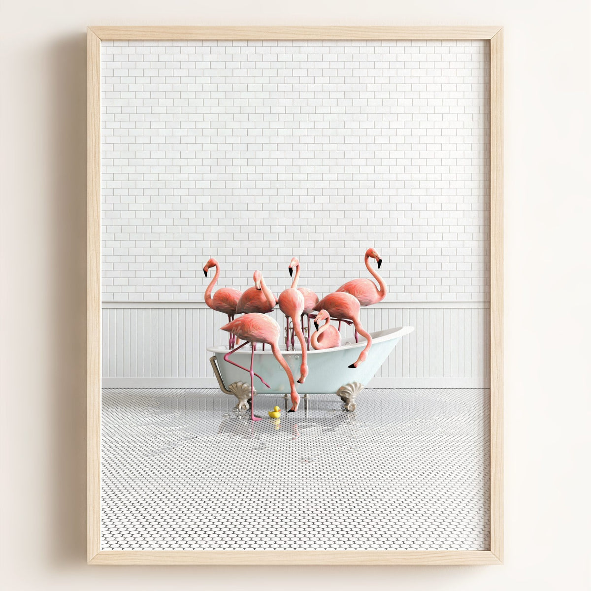 Flamingos in Blue Bathtub — Framed