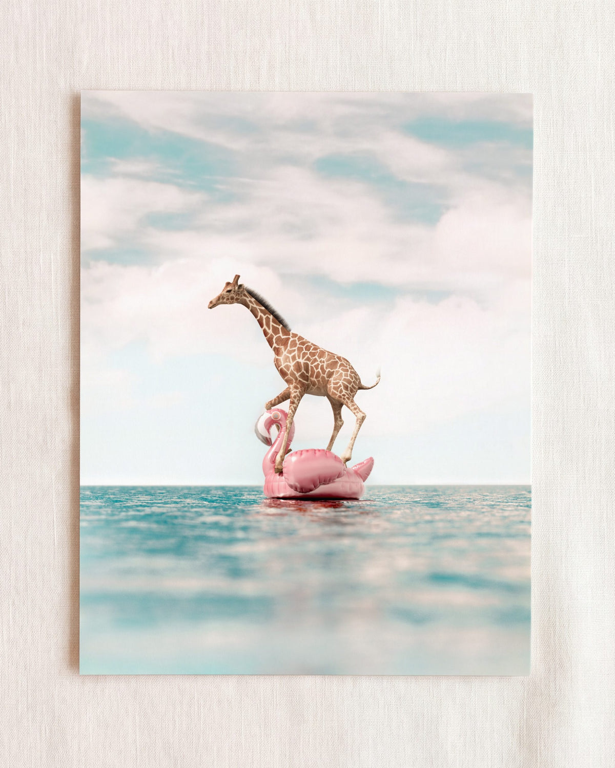 Giraffe Afloat a Flamingo
