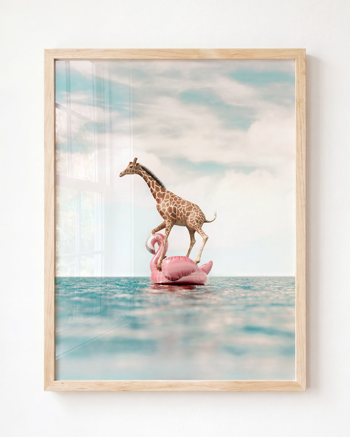 Giraffe Afloat a Flamingo - Framed Art