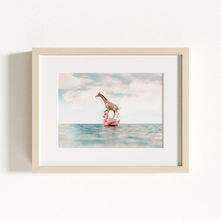 Giraffe Afloat a Flamingo